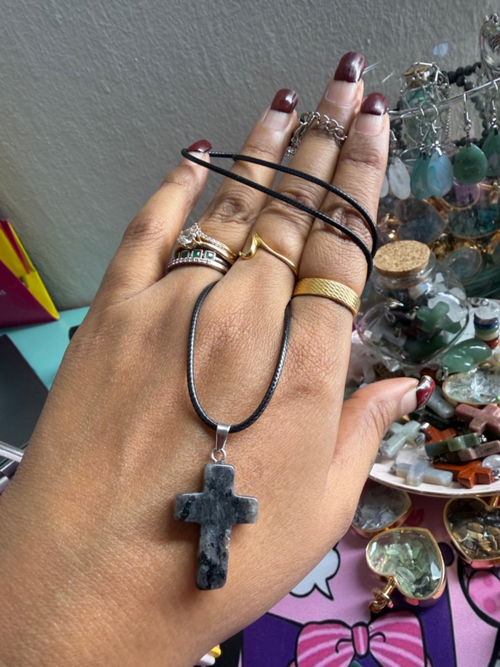 Black Stone Cross Pendant Necklace